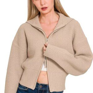 Zenana‎ Ribbed Collared Zip Up Sweater Cardigan